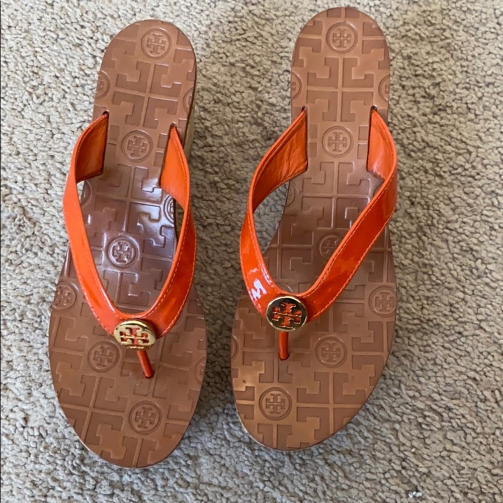 Tory Burch orange cork wedges